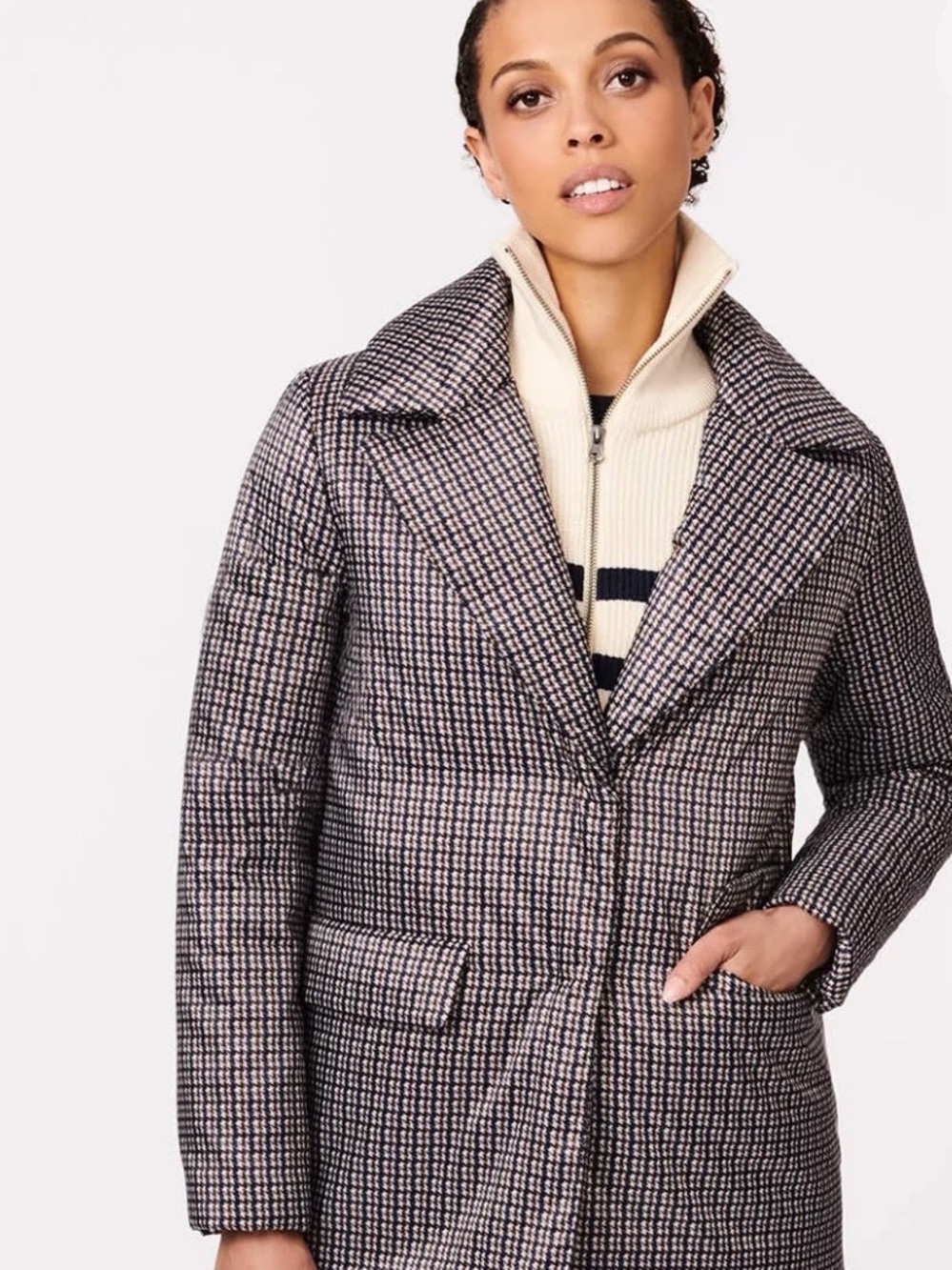 Women’s Bernardo Houndstooth Puffer Pea Coat in Black, Brown and White, XL, New